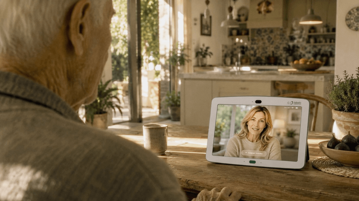Videoanruf mit einer Angehörigen auf dem Jobotic-Care-Gerät